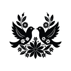 Vintage floral doves silhouette vector illustration. romantic bird design, botanical wedding emblem, decorative love symbol

