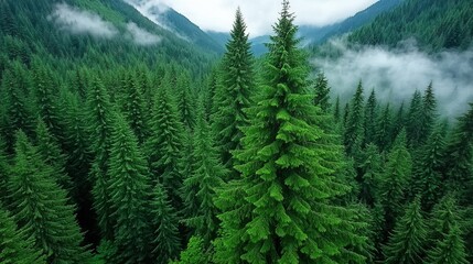 Obraz premium Aerial view of lush green coniferous forest on a foggy day. Tall evergreen trees dominate the scene, with mist covering the mountain range in the