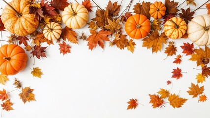 Fototapeta premium Autumn Harvest Display - Pumpkins and Leaves