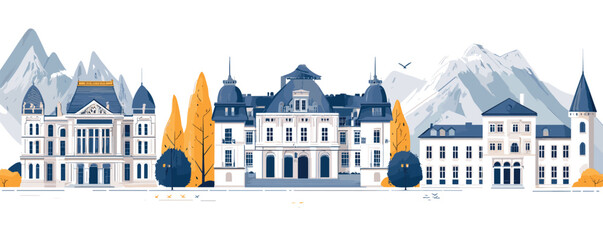 Historic european architecture with mountain backdrop and autumn trees.