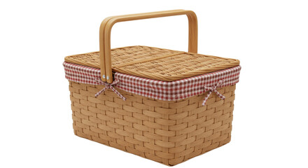 Wicker picnic basket with checkered trim and a handle isolated PNG with Transparent Background