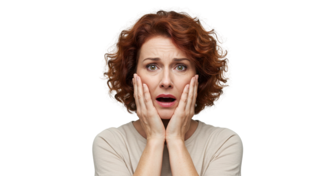 Middle-aged woman with red curly hair expressing shock or fear, isolated on white background