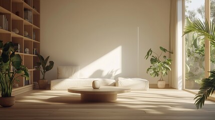 Fototapeta premium Minimalist, sun-drenched living room with wooden furniture, lush greenery, and a tranquil ambiance