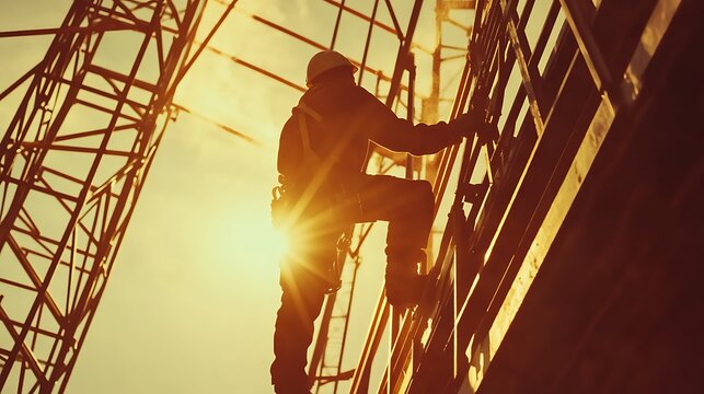 Construction Worker Climbing Scaffolding at Sunset
