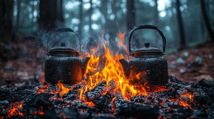 Two black kettles warming over a campfire in a forest