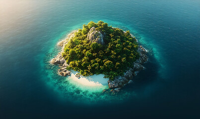 Aerial View of Lush Tropical Island with Sandy Beach