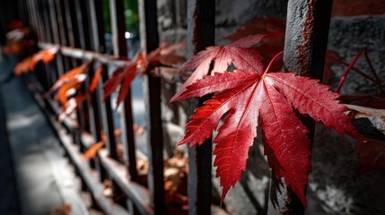 Red Maple Leaves on Metal Fence