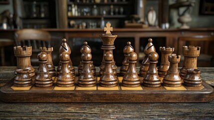 Vintage wooden chess set on a rustic table,  ready for a strategic game.  The pieces are dark brown, and the board is checkered,  in a vintage pharmacy setting