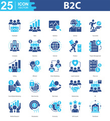 B2C icon sheet vector employee, sales, statistics, service, successful, company, business, internet, product, project management, selling, efficient, direct marketing, loyal customer, price list, soci