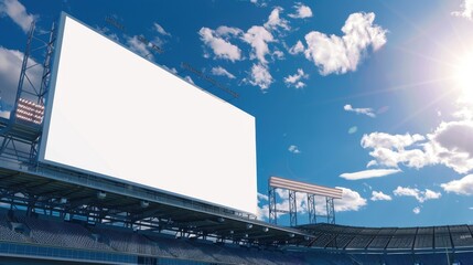 Obraz premium Empty stadium with a large blank screen under a bright blue sky with fluffy white clouds.