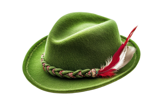 A green tyrolean hat with a braided band and a red and white fea - Powered by Adobe