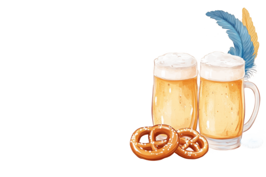 Two mugs of beer with pretzels and feathers for oktoberfest cele