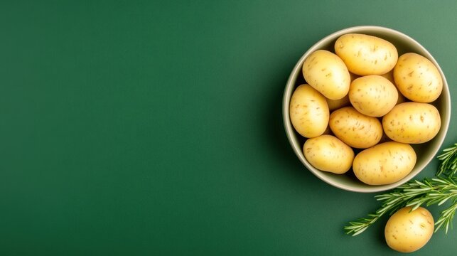 Raw potatoes and rosemary in bowl green background food photography overhead shot
