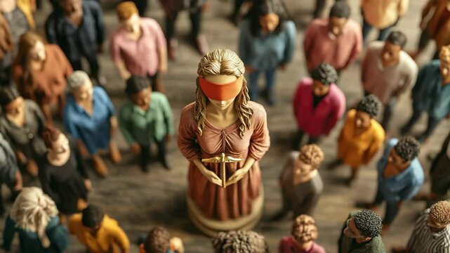 Justice Amidst Humanity:  A symbolic representation of justice, blindfolded and holding scales, is surrounded by a diverse crowd, creating a powerful visual commentary on fairness, impartiality.