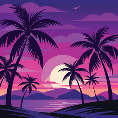 Tropical beach sunset with silhouetted palm trees