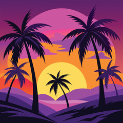 Tropical beach sunset with silhouetted palm trees