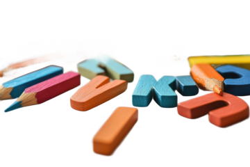 A close up view of colorful wooden block letters and pencils on