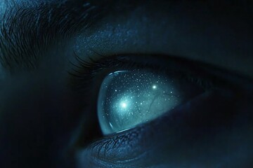 Naklejka premium Close-up view of an eye reflecting celestial objects.