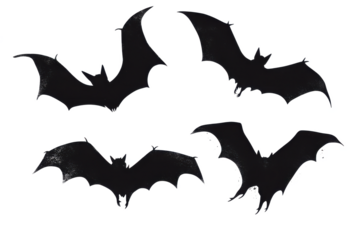 Four black bat silhouettes with wings spread against a dark blac