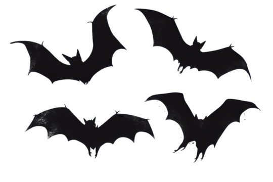Four black bat silhouettes with wings spread against a dark blac