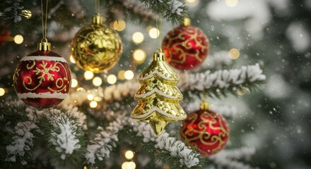 Decorating Christmas Tree with Baubles in Winter Snowfall
