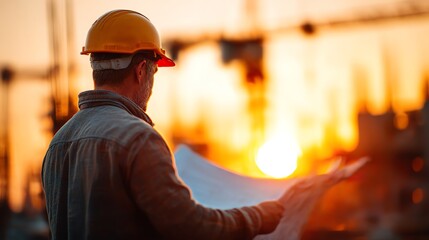 A focused civil engineer in a hard hat reviews blueprints on a construction site, ensuring precision in building design and safety standards for urban development projects