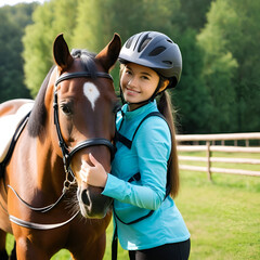 Obraz premium Girl, horse and hug outdoor for animal care, bonding and companion by countryside with riding helmet. Rider, pet and embrace outside for connection, love and trust while on equestrian practice break