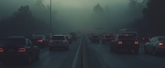 Foggy Highway Traffic Jam: A Moody Atmospheric Drive