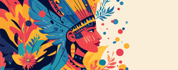 Vibrant portrait of a woman in tribal headdress with colorful patterned background.