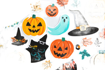 A festive halloween scene featuring pumpkins, witch hats, a ghos
