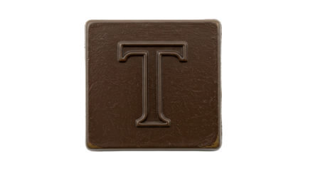 Square dark chocolate piece with embossed letter T isolated on white
