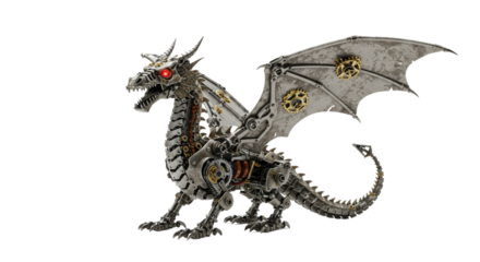 Steampunk mechanical dragon with gears and red eyes isolated on white