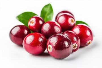 Close up of cranberries with green leaves on a plain white background view