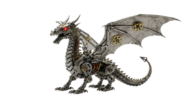 Steampunk Mechanical Dragon Illustration with Metal Gears and Red Glowing Eyes Isolated on White