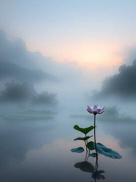 Serene morning mist veils a tranquil landscape as a lone lotus blooms, symbolizing the unfolding of higher awareness in the realm of inner silence.