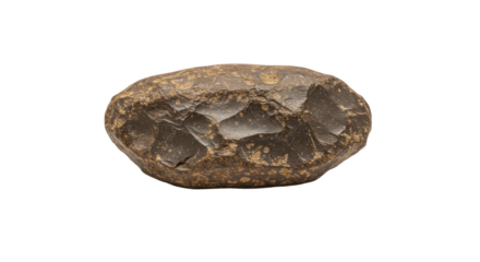 Prehistoric dark gray hand axe or stone tool isolated on white background