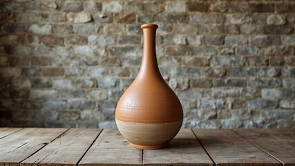 Rustic Ceramic Jug Against Gray Brick Wall