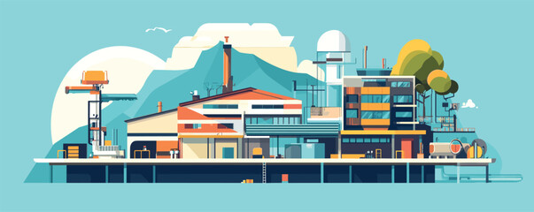 Obraz premium Modern industrial complex with colorful buildings and machinery in a mountainous landscape.