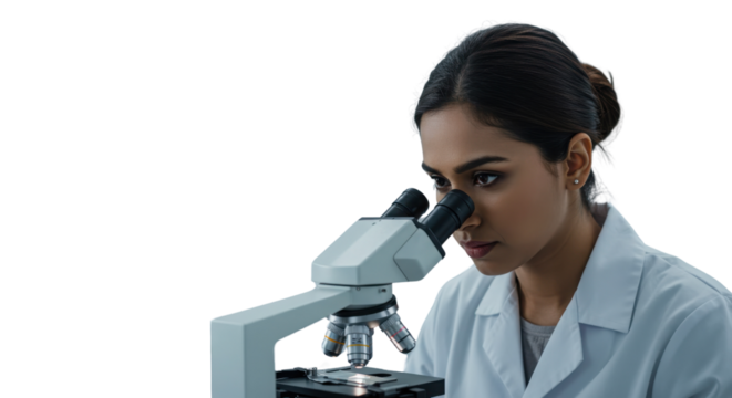 Female scientist using a microscope isolated PNG with Transparent Background