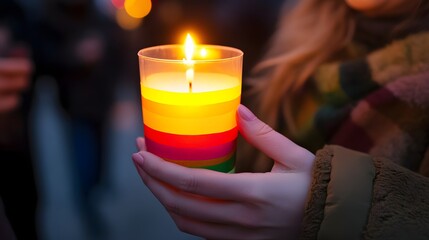 A vibrant candle held gently in a person's hand at twilight.