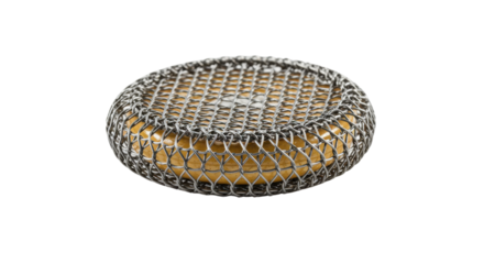 Round wire mesh protective cover over wooden disk isolated on white