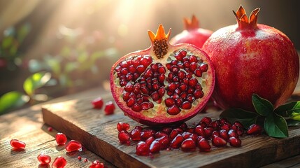 Fresh pomegranate halves and seeds on a wooden board (1)