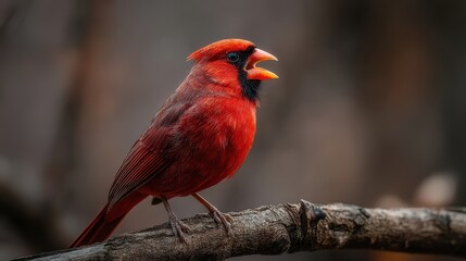 Vibrant red bird perched on a branch, vocalization.