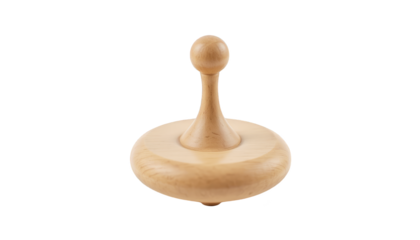 A light brown wooden spinning top is displayed against a white background.
