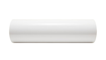 A section of smooth, white PVC pipe lies horizontally on a white surface.