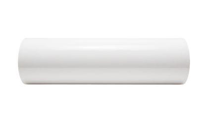 A section of smooth, white PVC pipe lies horizontally on a white surface.