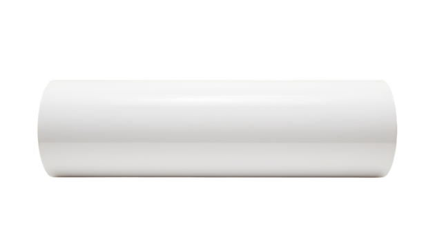 A section of smooth, white PVC pipe lies horizontally on a white surface.