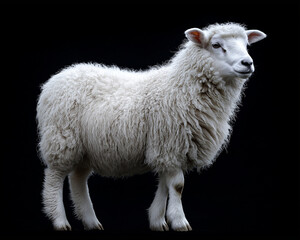 Fototapeta premium Fluffy White Sheep on Black Background – Soft Wool, Gentle Expression, High-Resolution Photo