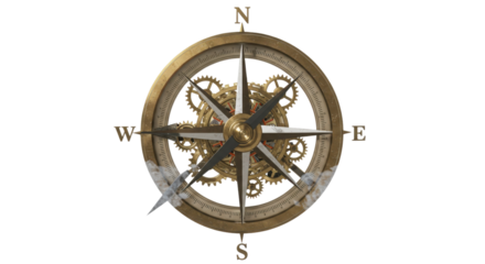 Isolated Steampunk Compass Rose Illustration with Detailed Brass Clockwork Mechanism