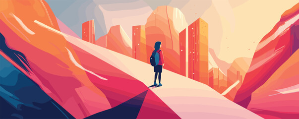 Naklejka premium Person hiking through abstract mountainous landscape at sunrise with colorful geometric shapes.